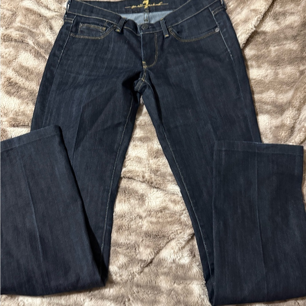 7 For All Mankind Jeans Gold Digger Low Rise Straight Leg Dark w Gold Stitch 27